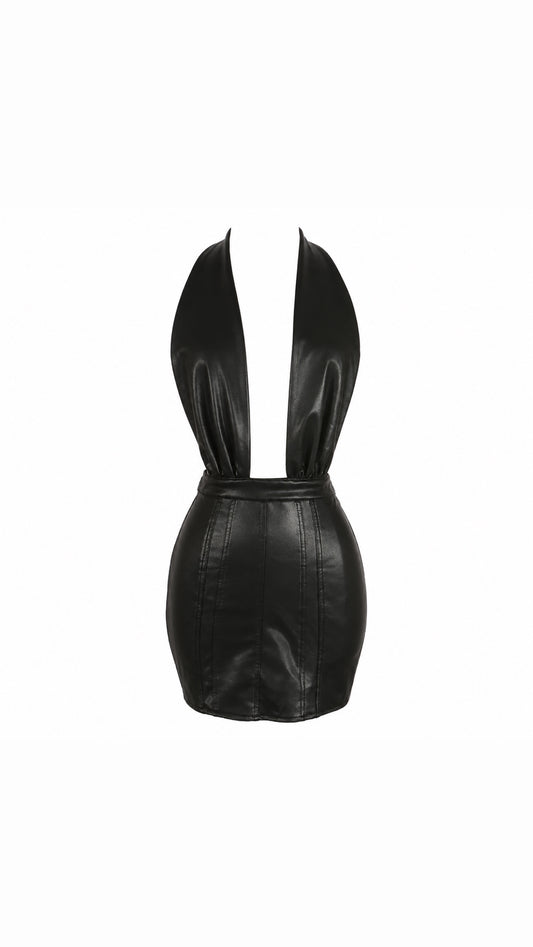 Deep Plunge PU Leather Mini Dress