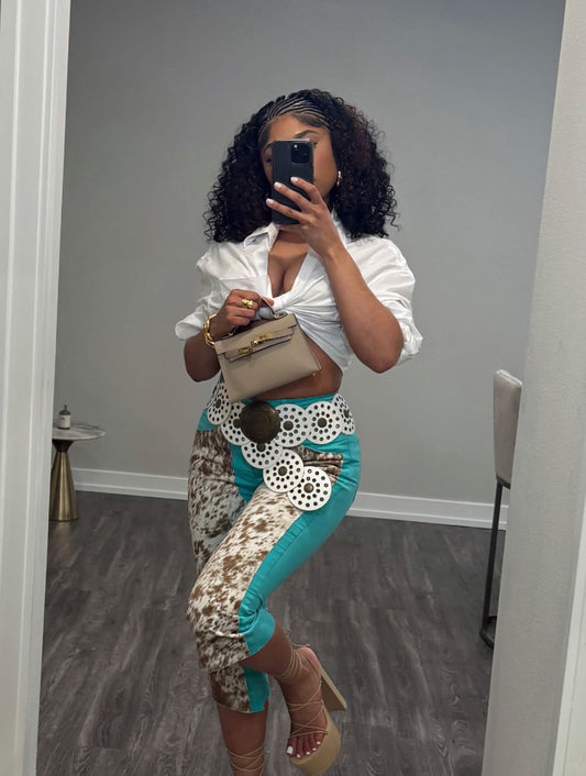 Pre-Order 8/15 Aqua Cowhide Capri